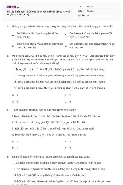 Bài tập Sinh học 12 Cơ chế di truyền và biến dị cực hay có lời giải chi tiết (P13)