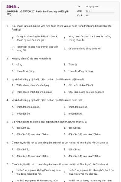 240 Bài thi thử TPTQG 2019 môn Địa lí cực hay có lời giải (P6)