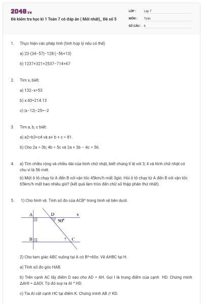 Đề kiểm tra học kì 1 Toán 7 có đáp án ( Mới nhất)_ Đề số 5