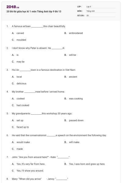 20 Đề thi giữa học kì 1 môn Tiếng Anh lớp 9 Đề 13
