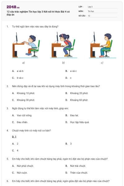 12 câu trắc nghiệm Tin học lớp 3 Kết nối tri thức Bài 4 có đáp án