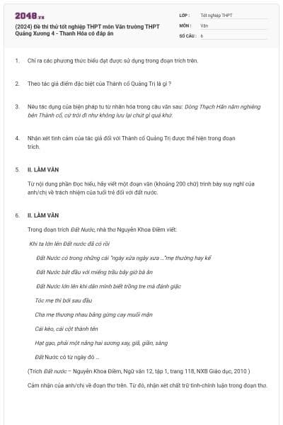 (2024) Đề thi thử tốt nghiệp THPT môn Văn trường THPT Quảng Xương 4 - Thanh Hóa có đáp án