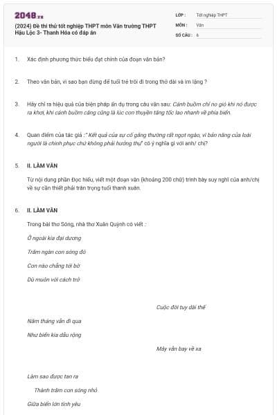 (2024) Đề thi thử tốt nghiệp THPT môn Văn trường THPT Hậu Lộc 3- Thanh Hóa có đáp án