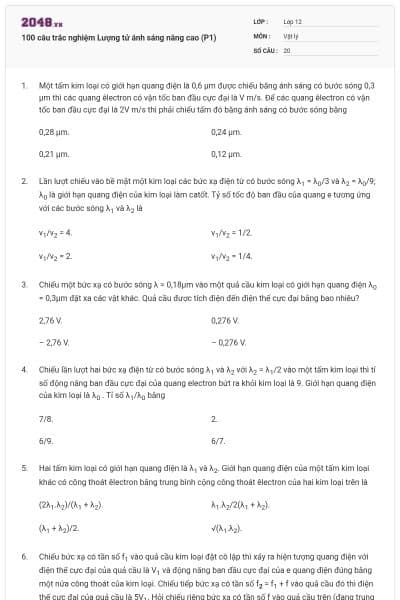 100 câu trắc nghiệm Lượng tử ánh sáng nâng cao (P1)