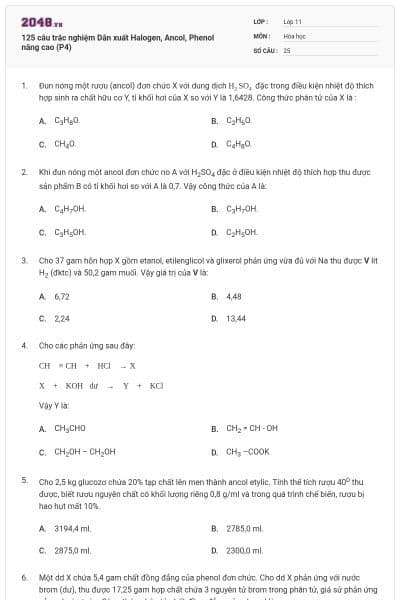 125 câu trắc nghiệm Dẫn xuất Halogen, Ancol, Phenol nâng cao (P4)