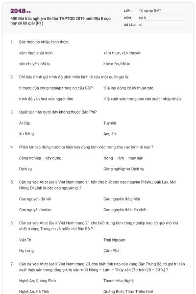 400 Bài trắc nghiệm thi thử THPTQG 2019 môn Địa lí cực hay có lời giải (P1)