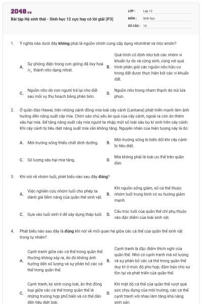 Bài tập Hệ sinh thái - Sinh học 12 cực hay có lời giải (P3)