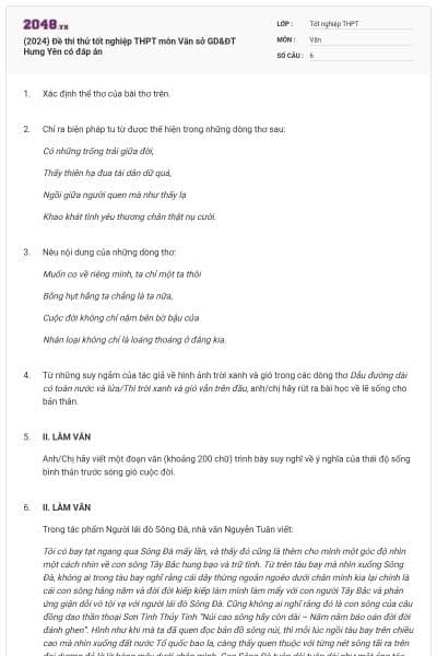(2024) Đề thi thử tốt nghiệp THPT môn Văn sở GD&ĐT Hưng Yên có đáp án