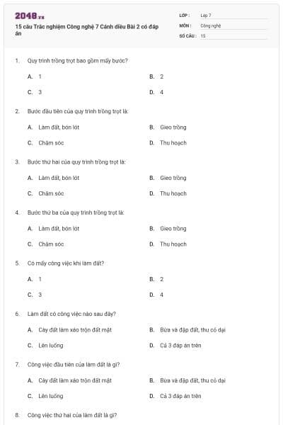 15 câu Trắc nghiệm Công nghệ 7 Cánh diều Bài 2 có đáp án