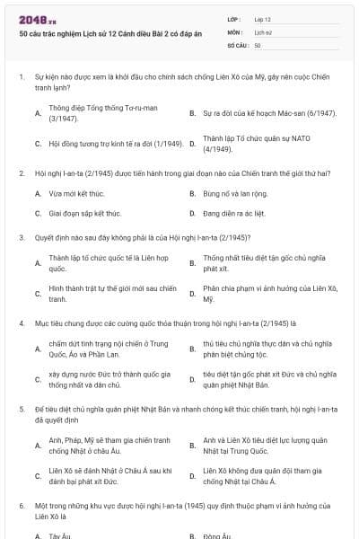 50 câu trắc nghiệm Lịch sử 12 Cánh diều Bài 2 có đáp án