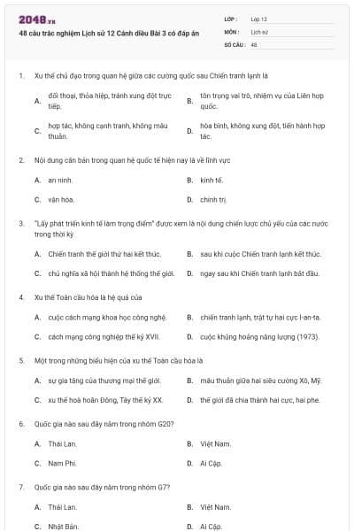 48 câu trắc nghiệm Lịch sử 12 Cánh diều Bài 3 có đáp án