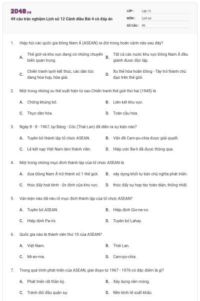 49 câu trắc nghiệm Lịch sử 12 Cánh diều Bài 4 có đáp án