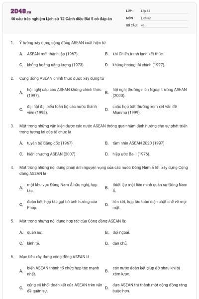 46 câu trắc nghiệm Lịch sử 12 Cánh diều Bài 5 có đáp án
