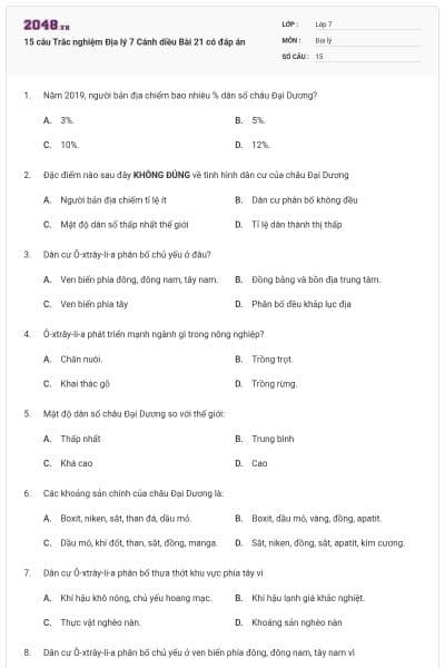 15 câu Trắc nghiệm Địa lý 7 Cánh diều Bài 21 có đáp án
