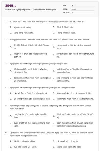 52 câu trắc nghiệm Lịch sử 12 Cánh diều Bài 8 có đáp án