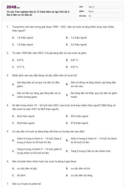 32 câu Trắc nghiệm Địa lý 12 Cánh diều ôn tập Chủ đề 2: Địa lí dân cơ có đáp án