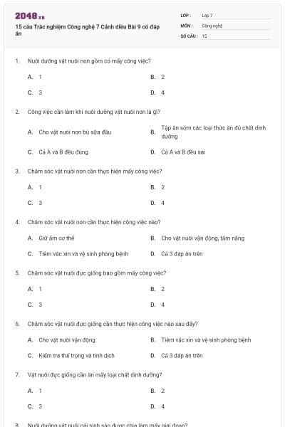 15 câu Trắc nghiệm Công nghệ 7 Cánh diều Bài 9 có đáp án