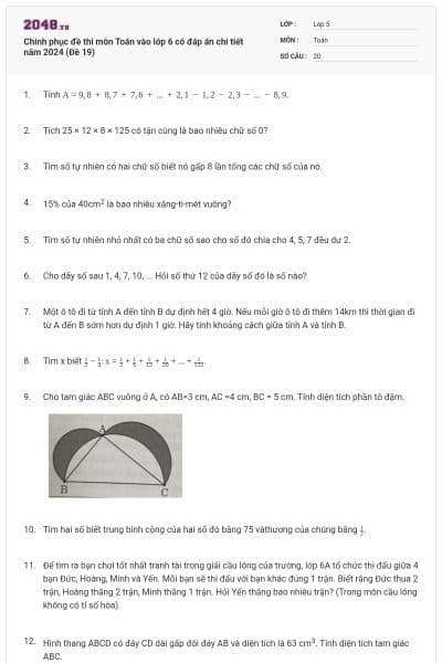 Chinh phục đề thi môn Toán vào lớp 6 có đáp án chi tiết năm 2024 (Đề 19)