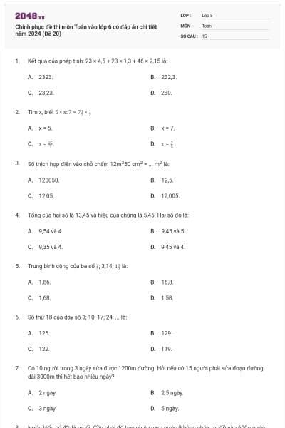 Chinh phục đề thi môn Toán vào lớp 6 có đáp án chi tiết năm 2024 (Đề 20)