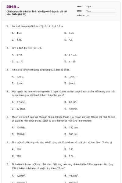Chinh phục đề thi môn Toán vào lớp 6 có đáp án chi tiết năm 2024 (Đề 21)