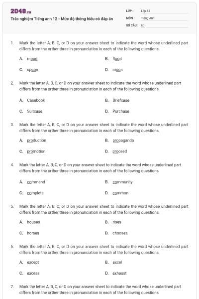 Trắc nghiệm Tiếng anh 12 - Mức độ thông hiểu có đáp án