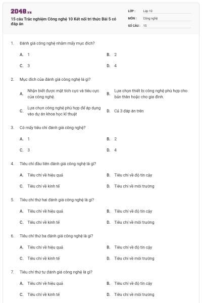 15 câu Trắc nghiệm Công nghệ 10 Kết nối tri thức Bài 5 có đáp án