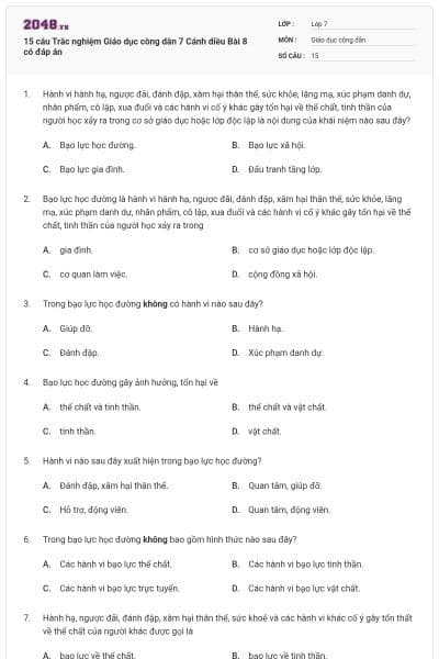 15 câu Trắc nghiệm Giáo dục công dân 7 Cánh diều Bài 8 có đáp án