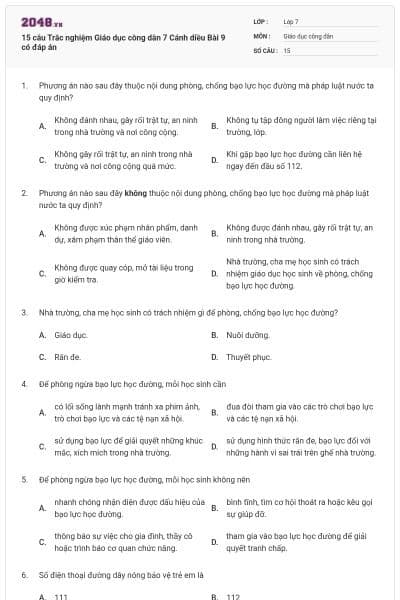 15 câu Trắc nghiệm Giáo dục công dân 7 Cánh diều Bài 9 có đáp án