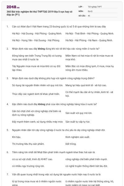 360 Bài trắc nghiệm thi thử THPTQG 2019 Địa lí cực hay có đáp án (P1)