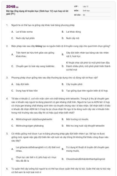 Bài tập Ứng dụng di truyền học (Sinh học 12) cực hay có lời giải (P1)