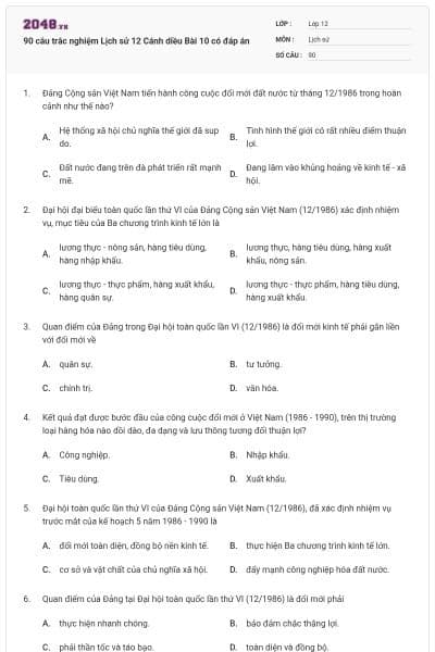 90 câu trắc nghiệm Lịch sử 12 Cánh diều Bài 10 có đáp án
