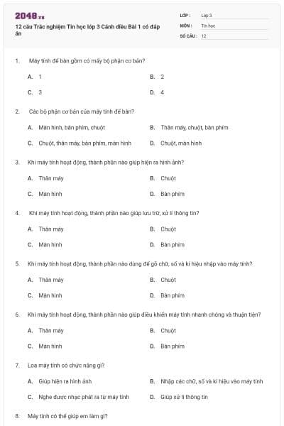 12 câu Trắc nghiệm Tin học lớp 3 Cánh diều Bài 1 có đáp án