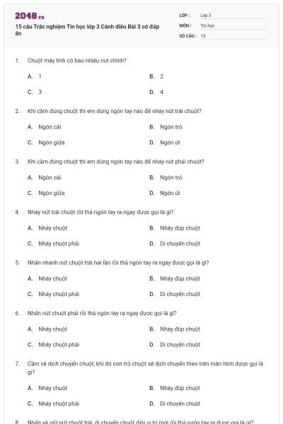 15 câu Trắc nghiệm Tin học lớp 3 Cánh diều Bài 3 có đáp án