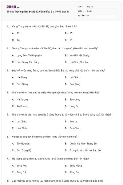30 câu Trắc nghiệm Địa lý 12 Cánh diều Bài 19 có đáp án