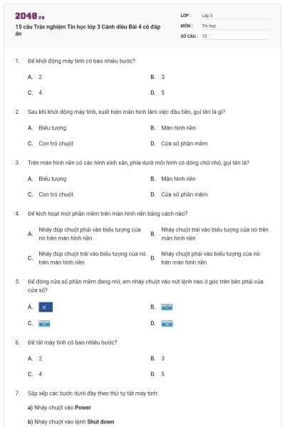15 câu Trắc nghiệm Tin học lớp 3 Cánh diều Bài 4 có đáp án