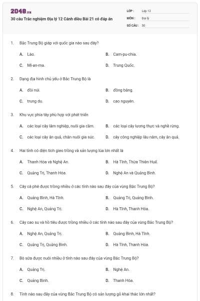 30 câu Trắc nghiệm Địa lý 12 Cánh diều Bài 21 có đáp án