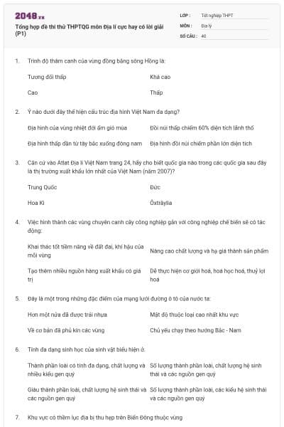 Tổng hợp đề thi thử THPTQG môn Địa lí cực hay có lời giải (P1)