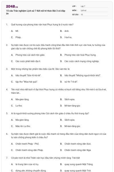 15 câu Trắc nghiệm Lịch sử 7 Kết nối tri thức Bài 3 có đáp án