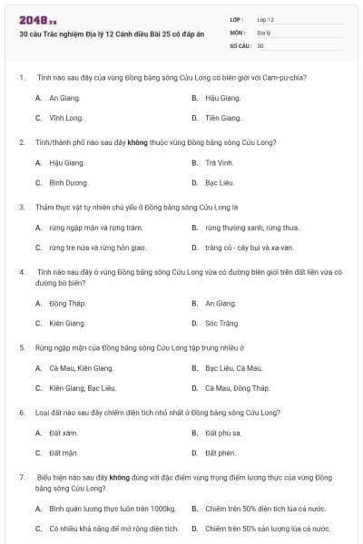 30 câu Trắc nghiệm Địa lý 12 Cánh diều Bài 25 có đáp án