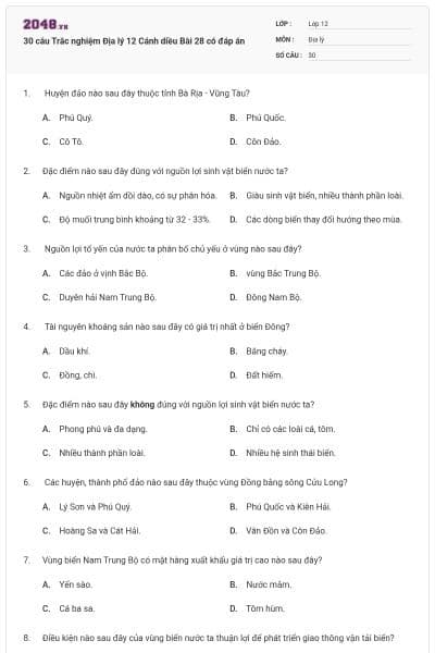 30 câu Trắc nghiệm Địa lý 12 Cánh diều Bài 28 có đáp án