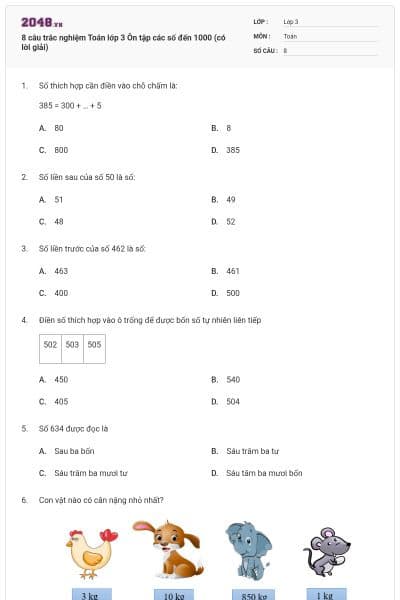 8 câu trắc nghiệm Toán lớp 3 Ôn tập các số đến 1000 (có lời giải)