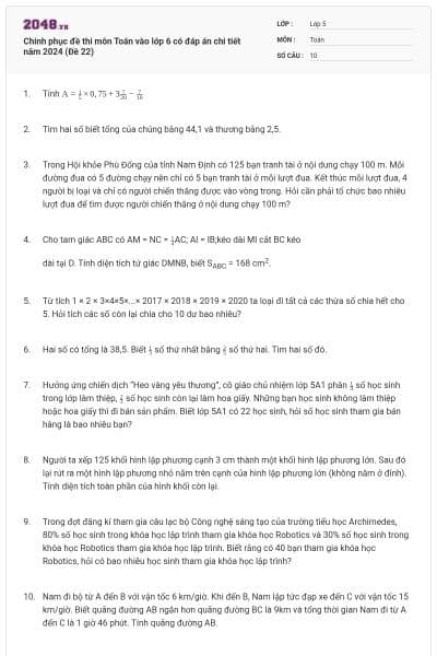 Chinh phục đề thi môn Toán vào lớp 6 có đáp án chi tiết năm 2024 (Đề 22)