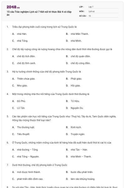 15 câu Trắc nghiệm Lịch sử 7 Kết nối tri thức Bài 4 có đáp án