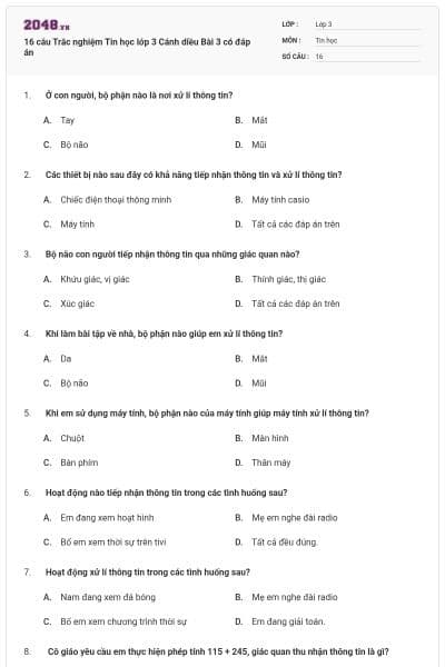 16 câu Trắc nghiệm Tin học lớp 3 Cánh diều Bài 3 có đáp án