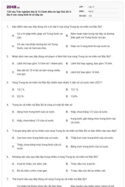 120 câu Trắc nghiệm Địa lý 12 Cánh diều ôn tập Chủ đề 4: Địa lí các vùng kinh tế có đáp án
