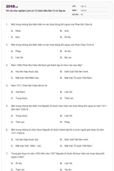 99 câu trắc nghiệm Lịch sử 12 Cánh diều Bài 12 có đáp án
