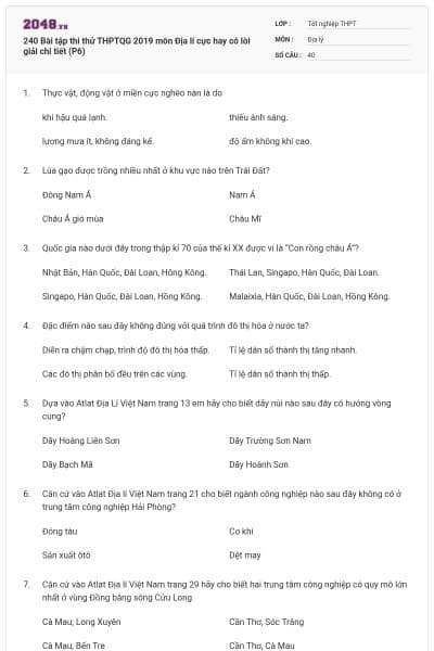 240 Bài tập thi thử THPTQG 2019 môn Địa lí cực hay có lời giải chi tiết (P6)