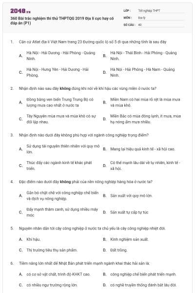 360 Bài trắc nghiệm thi thử THPTQG 2019 Địa lí cực hay có đáp án (P1)