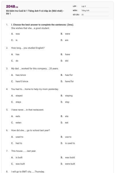 Đề kiểm tra Cuối kì 1 Tiếng Anh 9 có đáp án (Mới nhất) - Đề 1