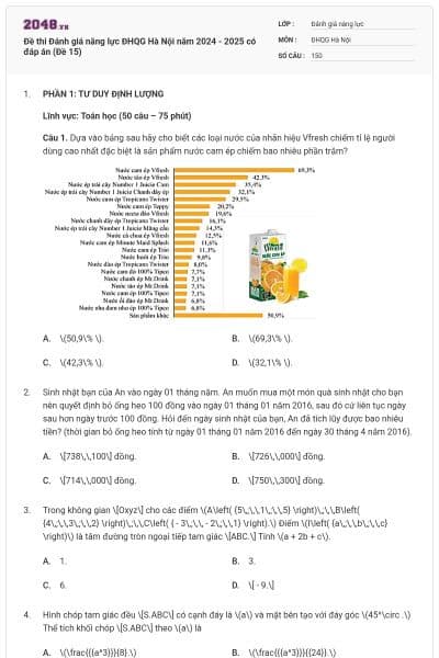 Đề thi Đánh giá năng lực ĐHQG Hà Nội năm 2024 - 2025 có đáp án (Đề 15)